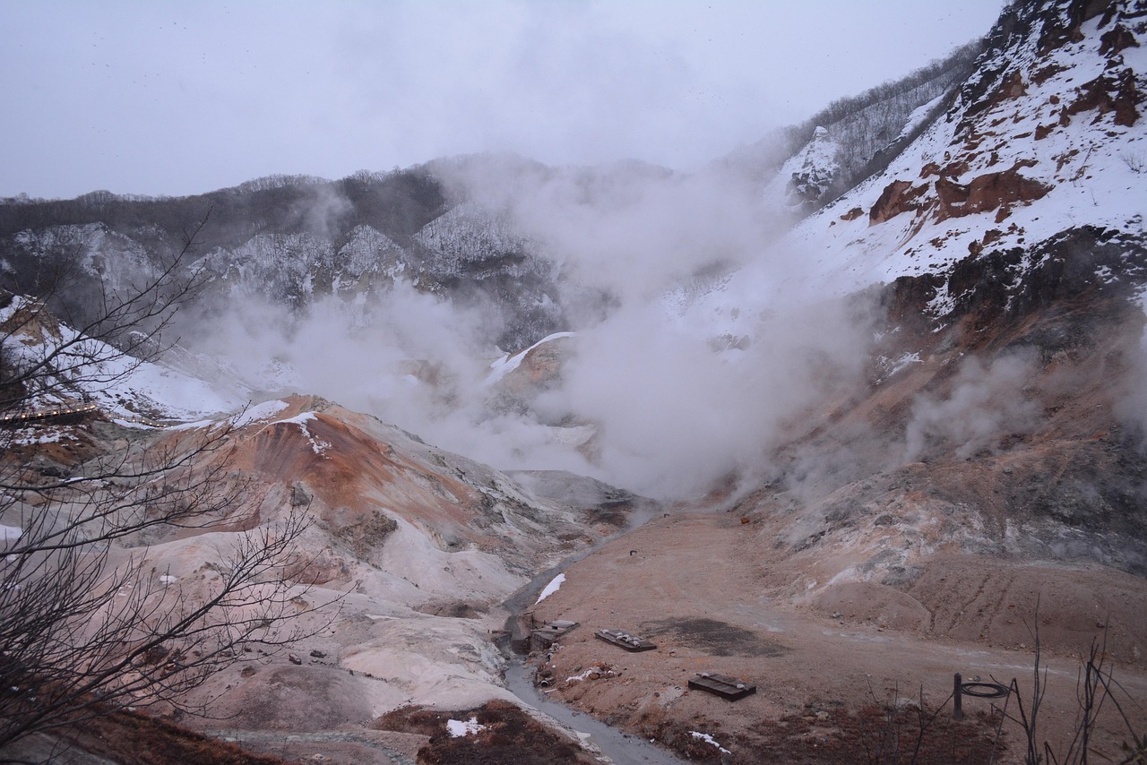 Hokkaido mountain landscape with snow and mist
