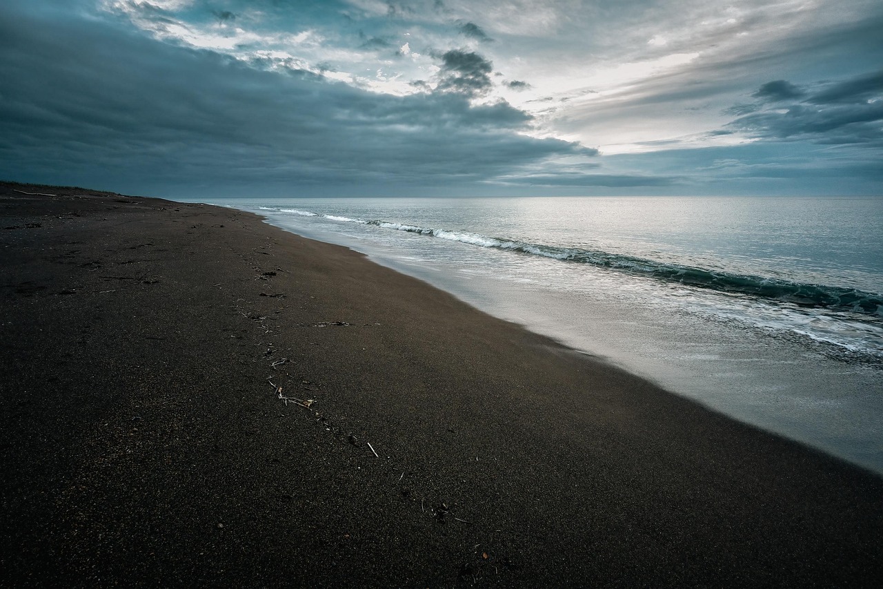 Sandy coastline along the Sea of Okhotsk in Hokkaido Japan