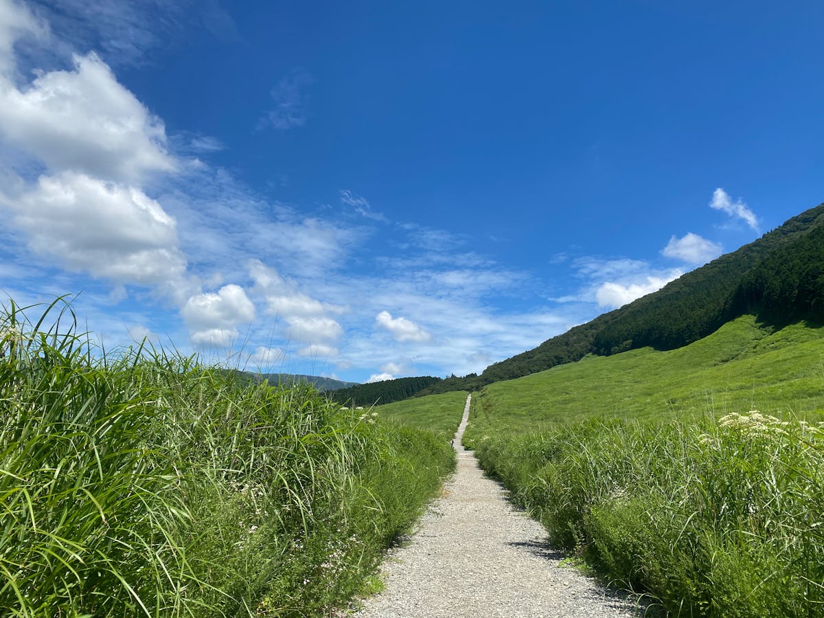 Gravel hiking path through green mountain hills in Japan