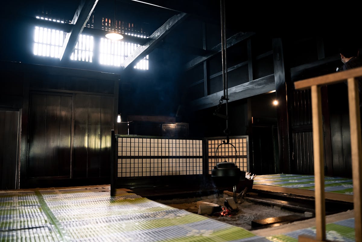 Traditional Japanese ryokan interior with open hearth