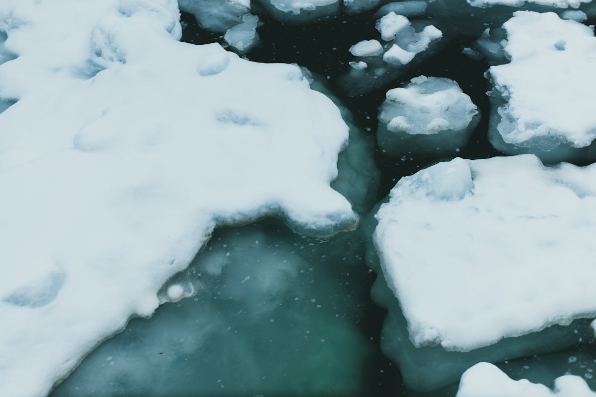 Close-up of frozen ocean surface with drifting icebergs in winter