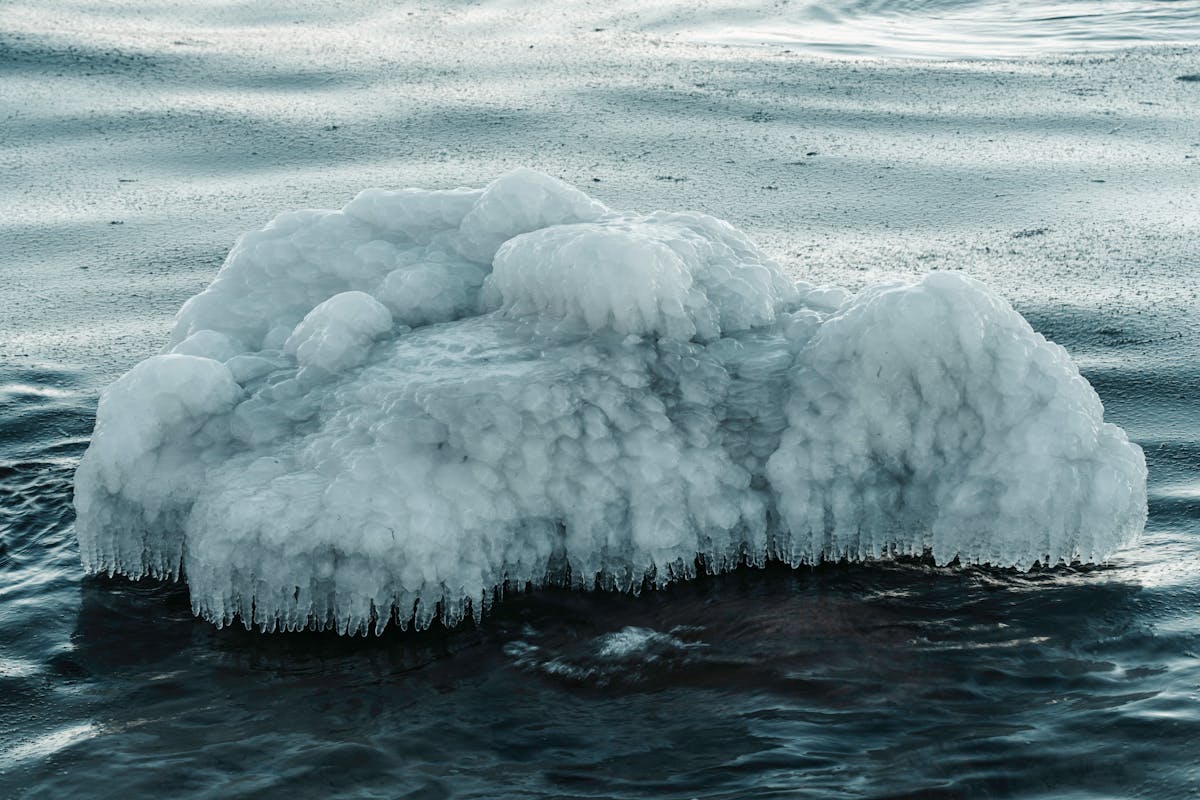 A chunk of drift ice floating on dark cold ocean water