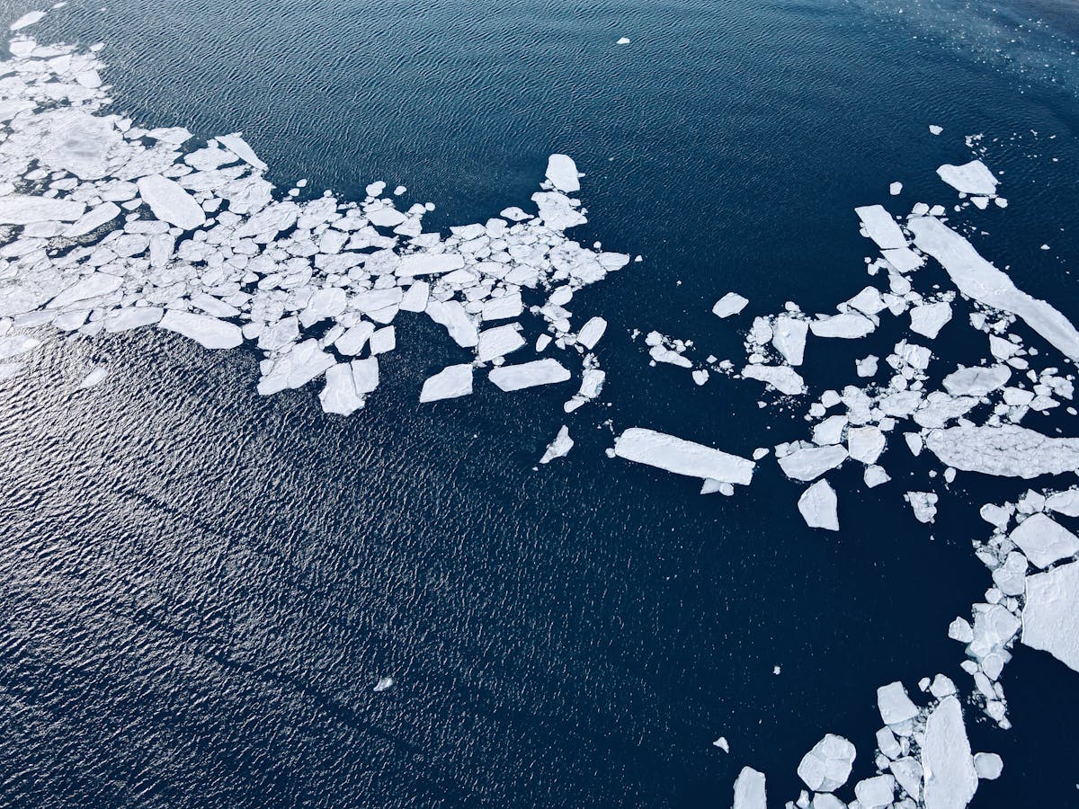 Aerial view of drift ice fragments floating on the Sea of Okhotsk