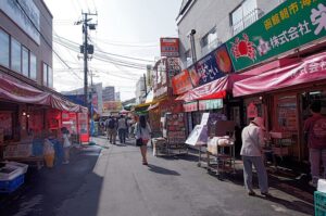 Fresh seafood stalls at the Hakodate Asaichi morning market in Hokkaido