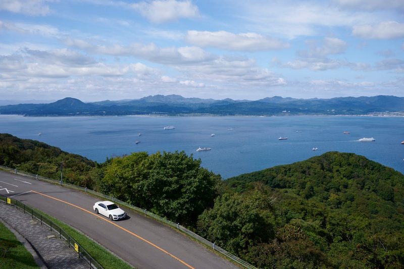 Aerial view of road overlooking Hakodate coastline in Hokkaido Japan