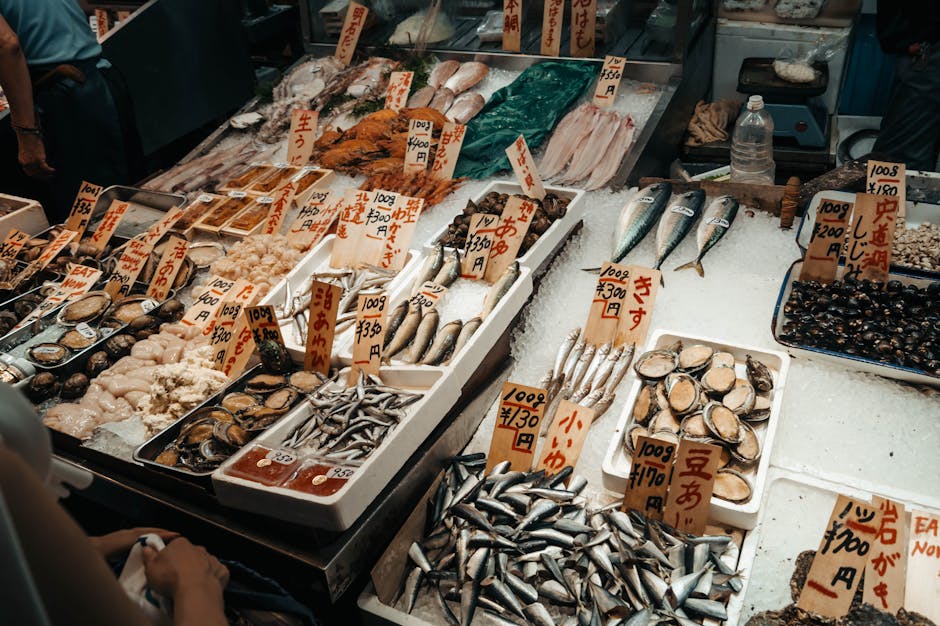 Colorful seafood display at a Japanese fish market