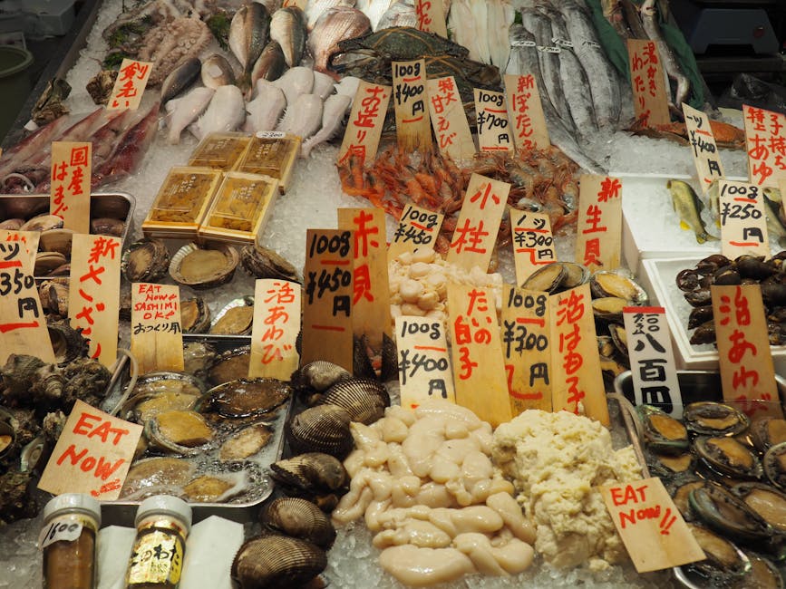 Fresh seafood assortment on ice with price tags at a market stall