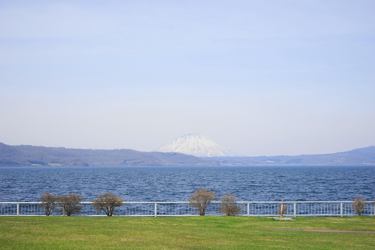 Snow-covered mountains surrounding Lake Toya in Hokkaido winter