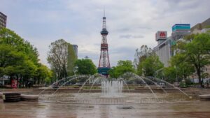 Sapporo TV Tower with fountain in Odori Park, Hokkaido