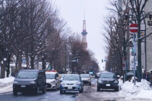 Snowy winter street in Sapporo with the TV Tower in the background