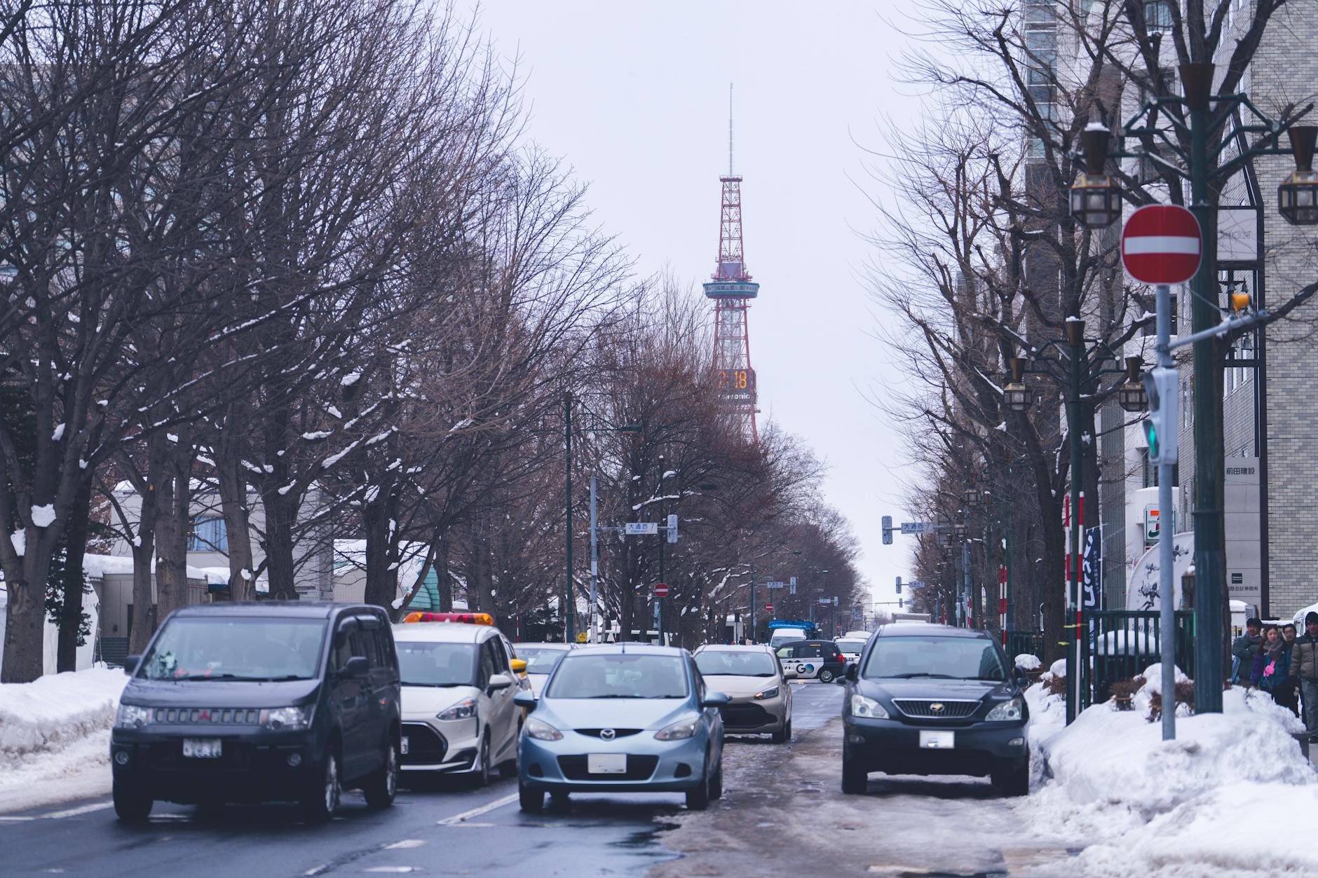 Snowy winter street in Sapporo with the TV Tower in the background