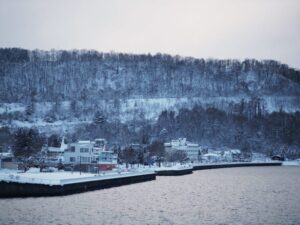Serene winter landscape of Lake Toya in Hokkaido with snow-covered trees