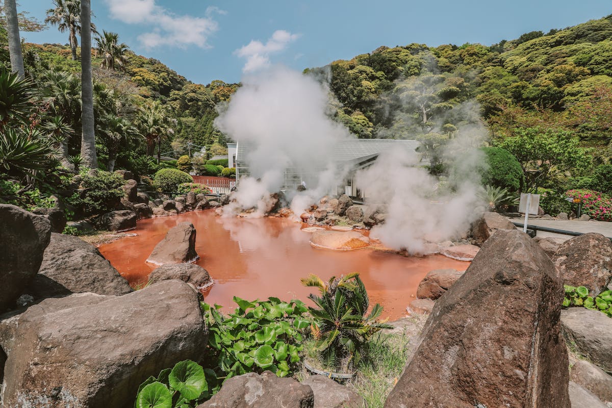 An outdoor hot spring with rising steam surrounded by greenery