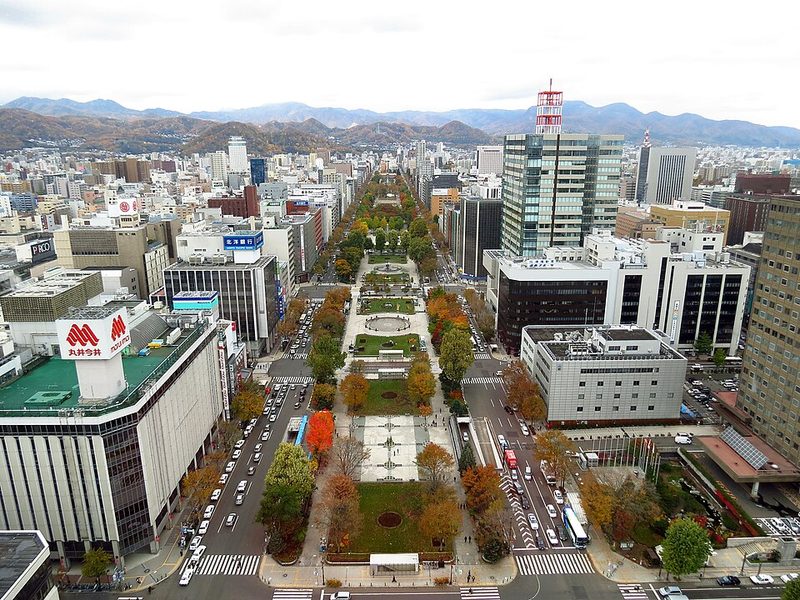 Tree-lined Odori Park stretching through central Sapporo with TV Tower