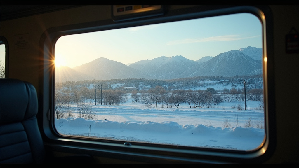 View from inside a Hokkaido train looking out at snowy countryside