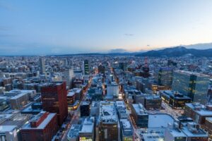 Captivating aerial view of Sapporo Japan in winter at dusk