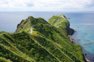 Panoramic view of Cape Kamui on the Shakotan Peninsula with cliffs and Sea of Japan