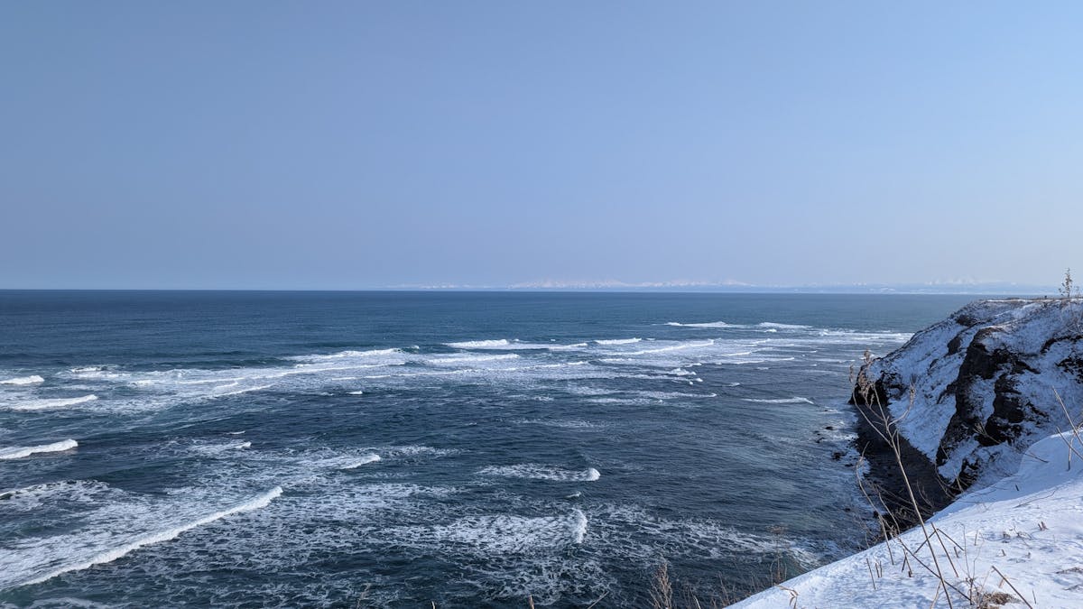 Winter sea and snowy coastline in Hokkaido Japan